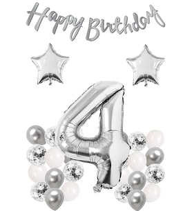 Konsept Doğum Günü Kutlama Seti Beyaz Gümüş Konfetili Balon Rakam Yıldız Folyo Ve Banner