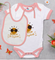 BK Kids Kişiye Özel İlk Seyahat Tasarımlı Pembe Bebek Body Zıbın ve Mama Önlüğü Hediye Seti-1