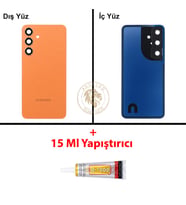 Samsung Galaxy S24 Turuncu Renk Lensli Arka Kapak + B7000 Yapıştırıcı Arka Cam Batarya Kapağı Pil Kapağı Lazer Kesim Back Cover Galaxy S24 Uyumlu