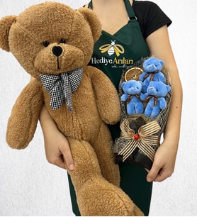 Büyük Boy Kahverengi Peluş Ayıcık ve 3'lü Peluş Ayıcık Buketi (Model 2)