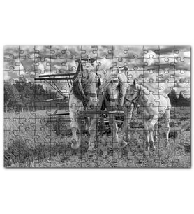 Cakapuzzle Hasat Yapan İki At Yanlarında Tay Monokrom Puzzle Yapboz MDF (Ahşap) (120 Parça)