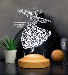 Mevlana Sözleri ile Semazen Tasarımlı LED Gece Lambası, İslami Hediyelik, Işıklı Dini Hediye, Mevlevilik ve Manevi Dekorasyon