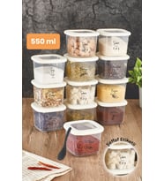 Siyah Serigrafi Etiketli Kaşıklı Foly Baharat Saklama Kabı 12'li Set Küçük Boy 0,55 Litre Beyaz