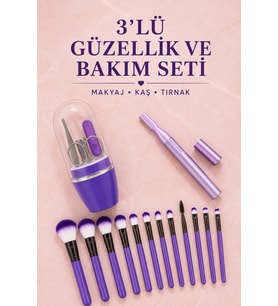12’li Makyaj Fırça Seti Kaş Düzeltme Cihazı ve Tırnak Bakım Seti 3’lü Kadın Güzellik ve Kişisel Bakım Seti
