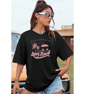 Unisex Long Beach Tasarım Tshirt (Siyah)