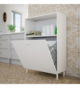 Modilayn Çift Gözlü Sepetli Kirli Çamaşır Dolabı Banyo Dolabı (Beyaz)