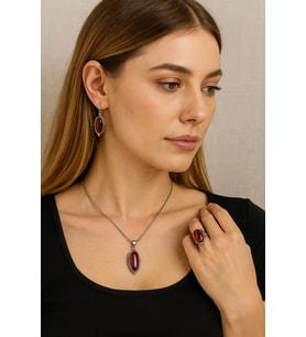 Oval Model Akik Taşlı 925 Ayar Gümüş Otantik Üçlü Set