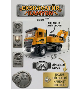 Metal Kasa Sesli Işıklı Ekskavatör Kamyon 35 cm - 360 Derece Dönen Kepçeli Çek Bırak İş Makinesi