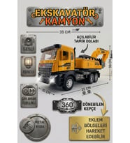 Metal Kasa Sesli Işıklı Ekskavatör Kamyon 35 cm - 360 Derece Dönen Kepçeli Çek Bırak İş Makinesi
