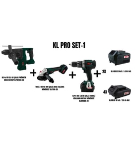 KLPro Set-1 (ŞARJLI KIRICI MATKAP+115 MM ŞARJLI AVUÇ TAŞLAMA KÖMÜRSÜZ+DARBELİ MATKAP KÖMÜRSÜZ)