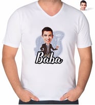 BK Gift Kişiye Özel Baba Karikatürlü V Yaka Tişört-1 (Beyaz)