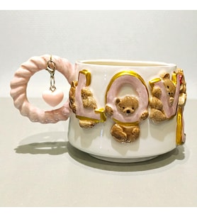 El Yapımı 3D Yaldızlı LOVE Ayıcık Figürlü HEDİYE Harf yada Kalp Charm'lı Kişiye Özel Seramik Kupa