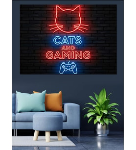 Neon Kedi Oyun Tabelası Dekoratif Kanvas - Mdf Ahşap Tablo
