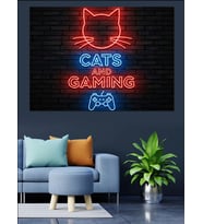 Neon Kedi Oyun Tabelası Dekoratif Kanvas - Mdf Ahşap Tablo