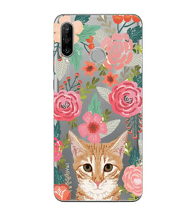 Huawei P30 Lite Uyumlu Kedi ve Çiçek Desenli Şeffaf Telefon Kılıfı