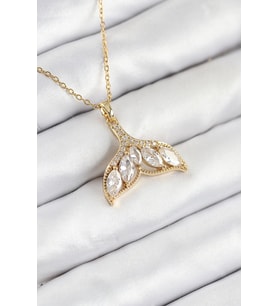316L Çelik Zirkon Taşlı Balık Kuyruğu Model Gold Renk Kadın Kolye 5886 - SSSSSS6875-1843