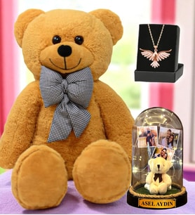Büyük Boy Kahverengi Peluş Ayıcık, Size Özel Led Işıklı Fanus ve Zümrüdü Anka Kuşu Kolye (Model 1)