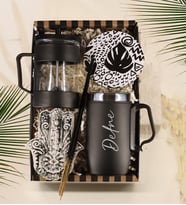 Kişiye Özel Çelik Bardak Termos & Filtre Kahve ve Bitki Çayı Demliği French Press & Ahşap Bardak Altlığı & Tütsülük  Hediye Seti