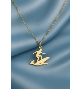 Kişiye Özel 925 Ayar Gümüş Sörfçü Figürlü Deniz Temalı Kolye (Gold)