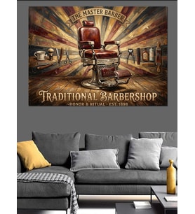 Vintage Barber Shop Klasik Koltuk Dekoratif Kanvas - Mdf Ahşap Tablo
