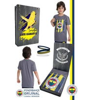 Fenerbahçe Orijinal Renkli Logo Sıfır Yaka Çocuk T-Shirt Spor Bileklik Hediyelik Set UV Baskılı Ahşap Kutulu (Gri)
