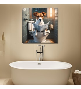 Tekli Kare Kanvas Banyo Tablosu Gazete Okuyan Jack Russell Köpek