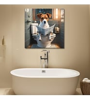 Tekli Kare Kanvas Banyo Tablosu Gazete Okuyan Jack Russell Köpek
