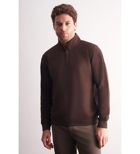 Kahverengi Uzun Kol Hakim Yaka Düz Pamuklu Comfort Fit Sweatshirt 1013255151