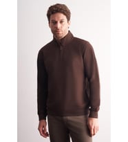 Kahverengi Uzun Kol Hakim Yaka Düz Pamuklu Comfort Fit Sweatshirt 1013255151