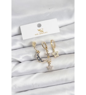 Pirinç Gold Renk Zirkon Taşlı Ay ve Yıldız Model YSX Trio Küpe Seti 5886 - HPSBYI2253-5223