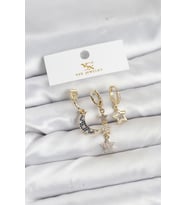 Pirinç Gold Renk Zirkon Taşlı Ay ve Yıldız Model YSX Trio Küpe Seti 5886 - HPSBYI2253-5223