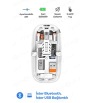 Kablosuz Mouse Fare Şarjlı Bluetooth Wireless Çift Modlu Sessiz 5 Tuşlu Şeffaf DPI Kontrol  Tg-9010