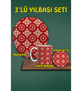 Yılbaşı Temalı 3'lü Bilek Destekli Mousepad Kupa Ve Bardak Altlığı Seti