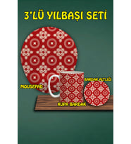Yılbaşı Temalı 3'lü Bilek Destekli Mousepad Kupa Ve Bardak Altlığı Seti