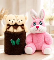 Pembe Peluş Tavşan ve Peluş Saksıda Ayıcıklar Buketi Sevgiliye Kadına Arkadaşa Hediye