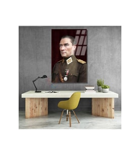 Dikey Cam Renkli Atatürk Tablosu Cam Ofis Ev Tablosu Duvar Dekoru