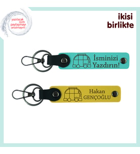 Gezgin Hayat Tarzına Uyumlu, Karavan Desenli Deri Anahtarlık Takımı, İsim Yazılabilir, Turkuaz-Sarı