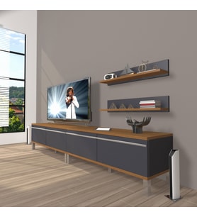 Decoraktiv Eko 220T Mdf Krom Ayaklı Tv Ünitesi Tv Sehpası (Antrasit - Ceviz)