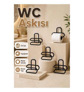 5’li Siyah Metal Yapışkanlı Tuvalet Kağıdı Tutucu – Duvar Tipi WC Askısı