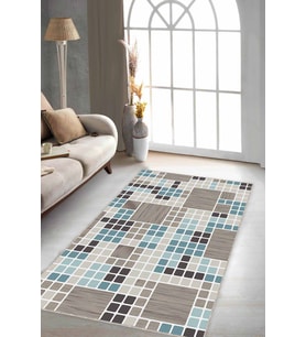 Turkuaz Geometrik Kaymaz Tabanlı Dekoratif Halı PUZ04 - 100 x 160 cm