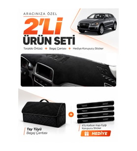 AUDİ Q5 (2008-2017) Uyumlu Torpido Örtüsü + Tay Tüyü Bagaj Çantası + Sticker Seti - Siyah