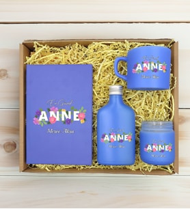 BK Gift Kişiye Özel İsimli DTF Anne Temalı Mavi Defter & Kahve Fincanı & Kolonya & Mum Hediye Seti-3, Anneye Hediye, Anneler Günü Hediyesi
