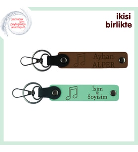 Nota Motifli Deri Anahtarlık Takımı, İsim Yazılabilir Hediyelik Tasarım, Açık Kahve-Açık Yeşil