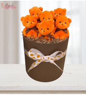 Büyük Boy Premium Kahverengi Silindir Kutuda 6 Adet Büyük Turuncu Renk Peluş Ayıcık Buketi Eşe Arkadaşa Sevgiliye Hediye Anneler Günü
