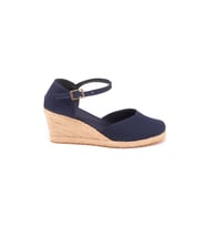 Gerçek Elişi Bilekten Bantlı Topuğu Açık Keten Espadril Dolgu Topuk Handmade (Lacivert)
