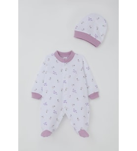 Breeze Kız Bebek Patikli Tulum Çiçek & Yazı Desenli 0-6 Ay, Beyaz
