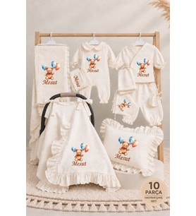 Baby Clime İsme Özel Ayıcık Balon Baskılı 10 Parça Müslin Hastane Çıkışı Seti %100 Pamuk 4 Kat Müslin Yenidoğan Bebek Hastane Çıkış Takımı Erkek Bebek