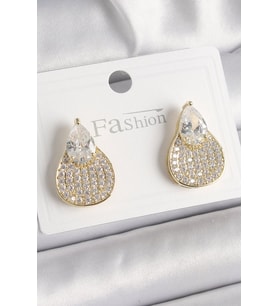Pirinç Gold Renk Zirkon Taşlı Damla Model Kadın Küpe - TJ-BKP9870