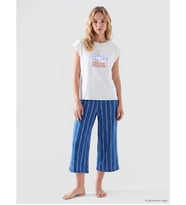 LCW DREAM Lacivert Bisiklet Yaka Baskılı Kadın Kaprili Pijama Takımı