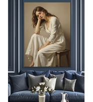 Beyaz Elbiseli Üzgün Kadın Dekoratif Kanvas - Mdf Ahşap Tablo